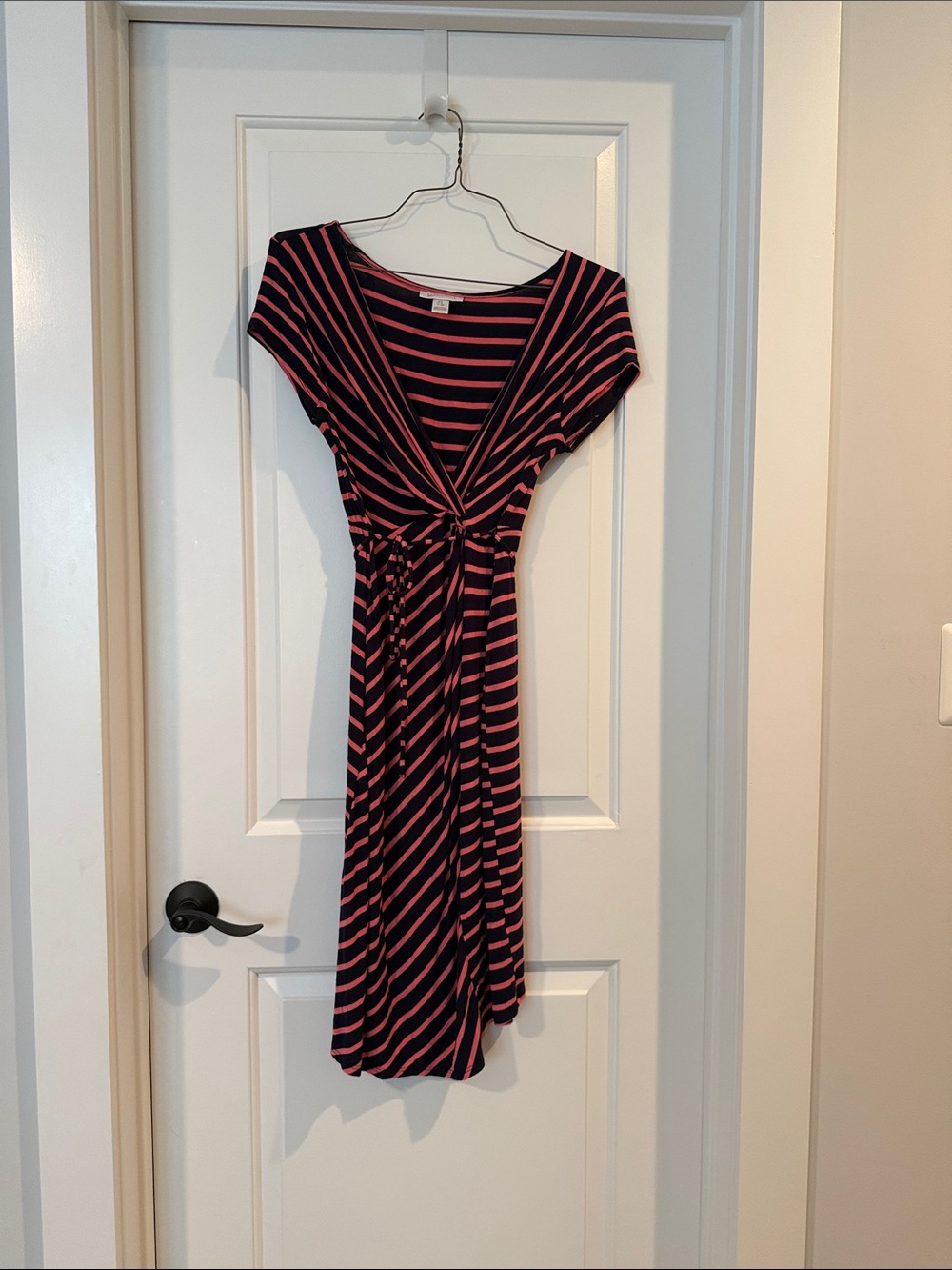 Striped V-Neck Maternity Dress in Navy and Coral